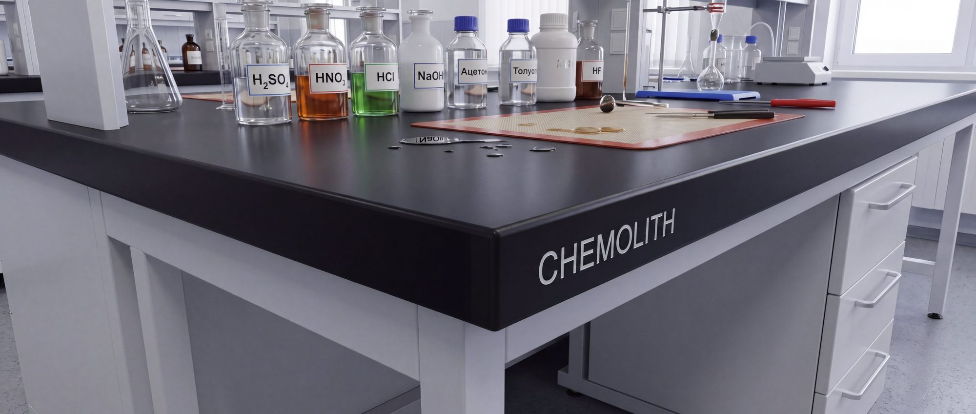ХЕМОЛИТ в лаборатории — столешница с реагентами H₂SO₄, HNO₃, HCl, NaOH, ацетон, толуол, HF